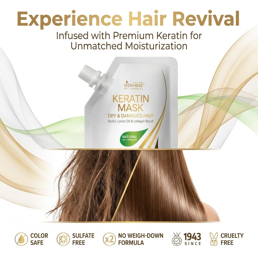VITAMINS hair cosmetics VITAMINS Hair Cosmetics Keratin Hair Mask for Damaged Hair - Protein Keratin Treatment Deep Conditioner for Dry Locks - Collagen Biotin & Castor Oil Repair Dryness & Enhance Shine - 100 ML