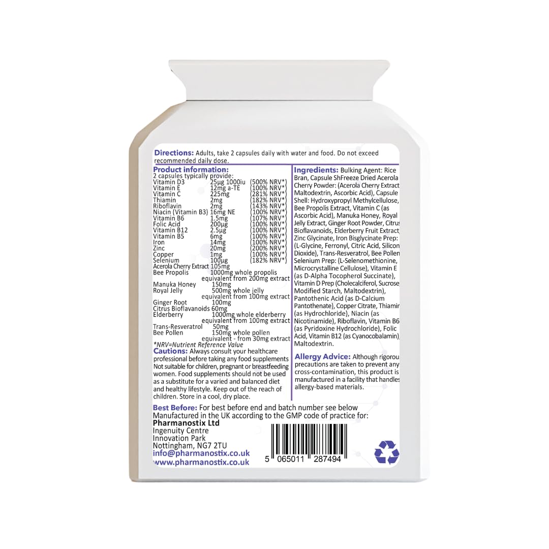 Pharmanostix Ultra Bee Immune 60 Capsules Packed with Bee Pollen, Royal Jelly, Manuka Honey, Essential Vitamins and Minerals, Vitamin C, D & E, Zinc - Ginger Root & Elderberry - UK Manufactured