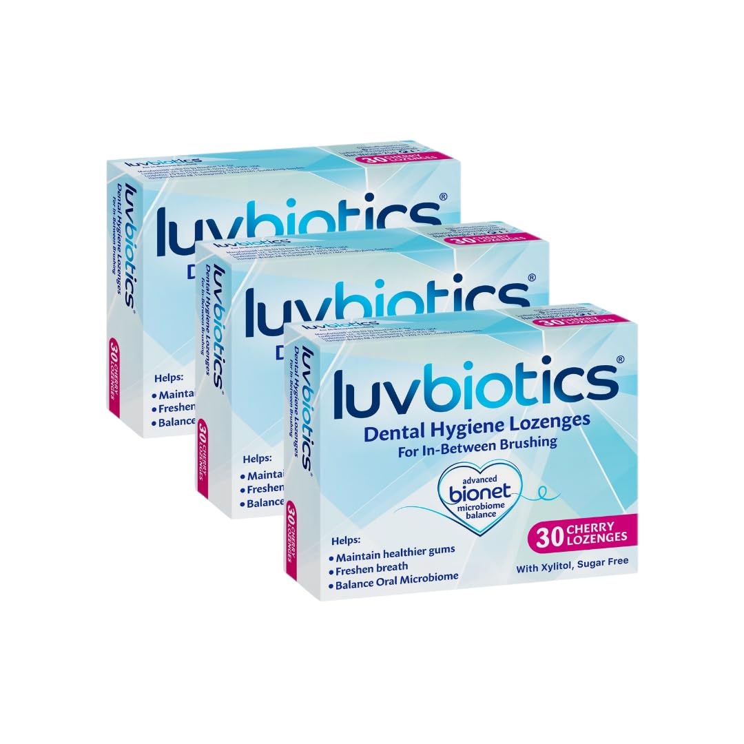 Luv Biotics Oral Probiotic Cherry Lozenges - Xylitol & Aloe Vera for Dry Mouth, Bad Breath, Halitosis, Gum Health, Sugar Free Mouth Lozenges for Freshening Breath & Oral Care-3packs of 30's