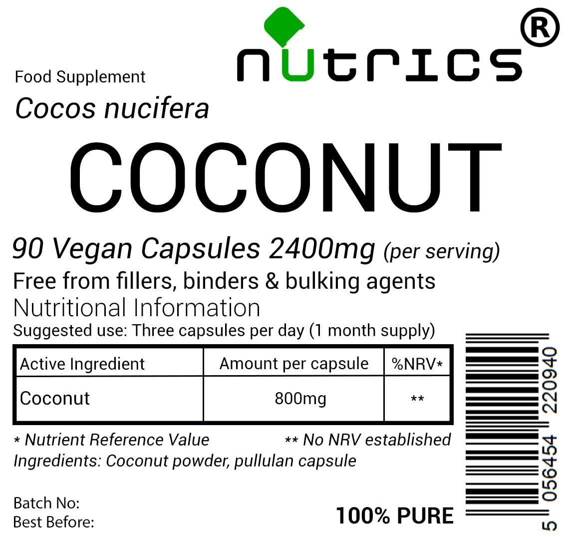 Nutrics® Coconut 2400mg per Serving Pure 90 V Capsule (1 Month Supply) Cocos Nucifera - No fillers Binders or Bulking Agents - Suitable for Vegans