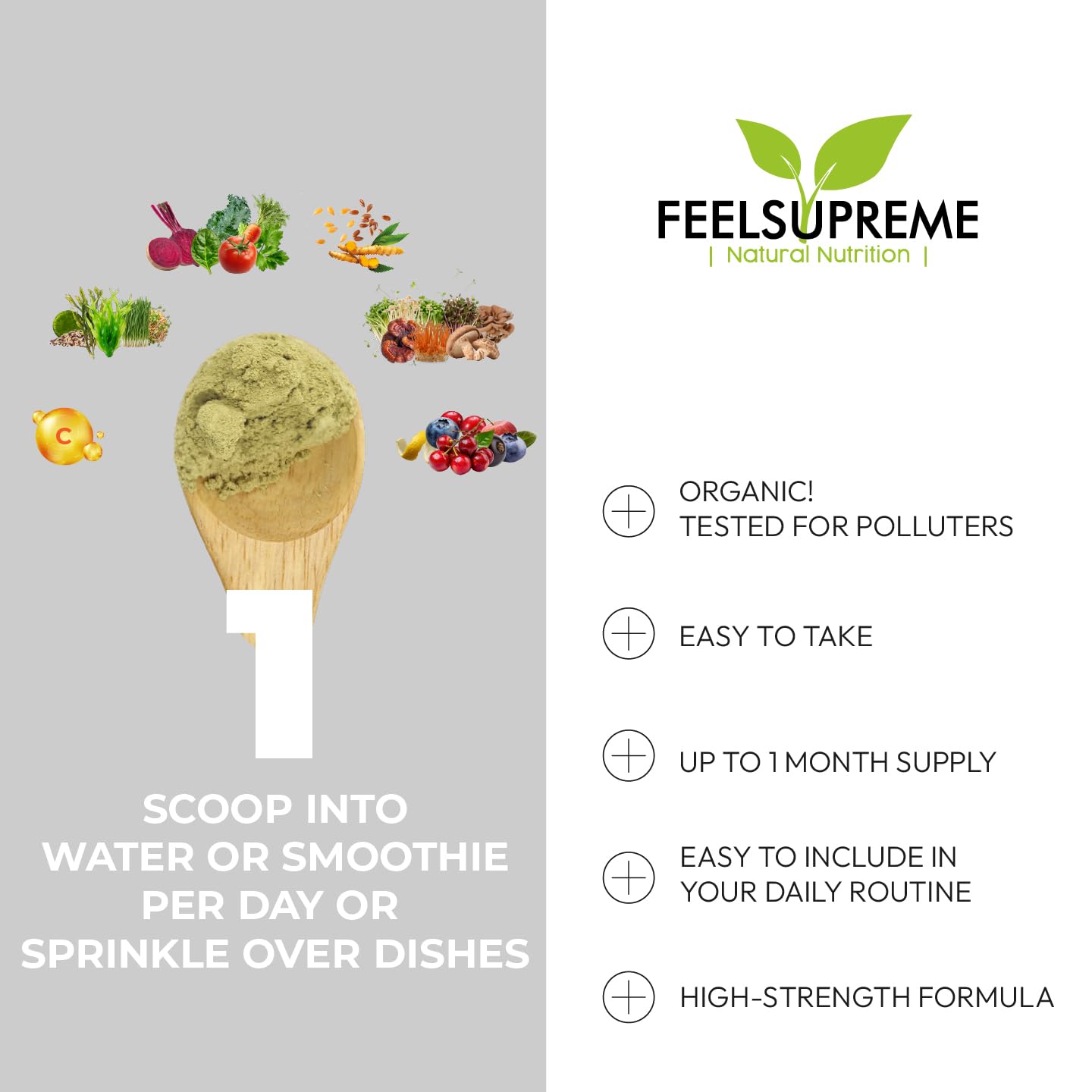 Feel Supreme - Super Greens Powder with Mushroom - 35 Nutrient Dense Organic Superfoods, no Added Sugar - High in Fibre, Protein, Vitamin C, Spirulina - Greens Supplement, Mushroom Powder - 300g