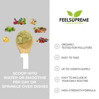 Feel Supreme - Super Greens Powder with Mushroom - 35 Nutrient Dense Organic Superfoods, no Added Sugar - High in Fibre, Protein, Vitamin C, Spirulina - Greens Supplement, Mushroom Powder - 300g