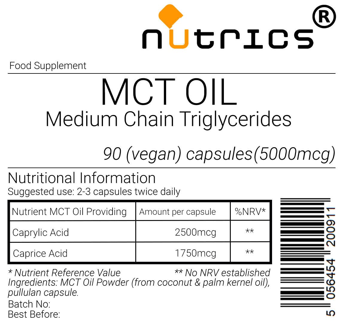 Nutrics® MCT Oil 5000mcg 90 V Capsules (1 Month Supply) Medium-Chain Triglycerides (MCTs) - Boosts Ketones - Suitable for Vegan Vegetarian Halal Kosher