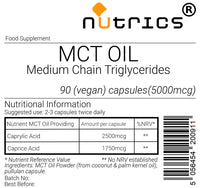 Nutrics® MCT Oil 5000mcg 90 V Capsules (1 Month Supply) Medium-Chain Triglycerides (MCTs) - Boosts Ketones - Suitable for Vegan Vegetarian Halal Kosher