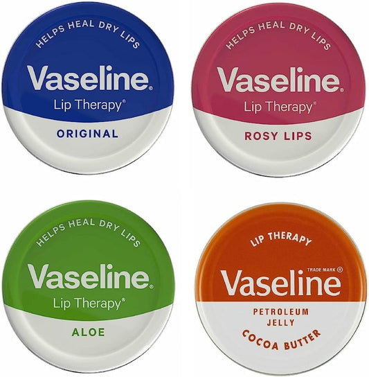 Vaseline Lip Therapy - Petroleum Jelly - Lip Balm - Original, Coco Butter, Alo Vera And Rosy 20g Tin - Soothes Dry Lips - Pack Of 4