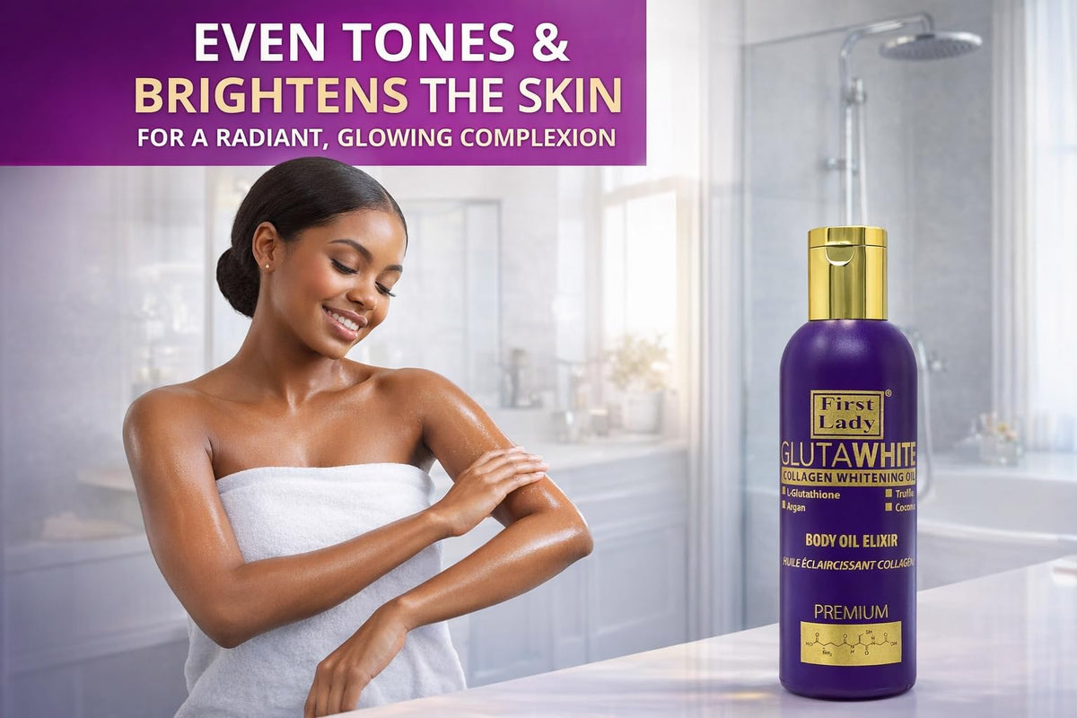 FIRST LADY GLUTAWHITE First Lady Glutawhite Collagen Skin Brightening Body Oil 200ml – Hydrating Glow Oil with Glutathione, Argan, Carrot, Lemon & Coconut Oils – Lightweight Moisturising Body Oil for Radiant Skin