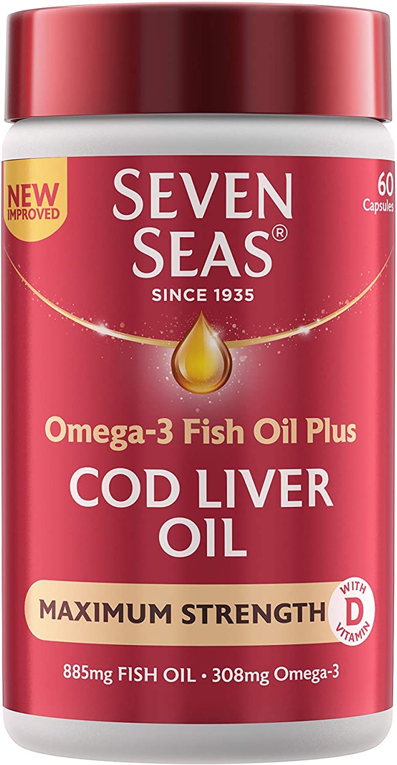 Seven Seas Cod Liver Oil Tablets, Maximum Strength, 885 mg Cod Liver Oil & Fish Oil, 308 mg Omega-3, 60 Capsules With Vitamin D, EPA & DHA