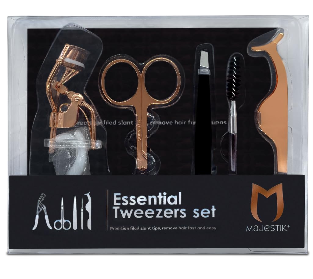The Brow & Lash Rose Gold Set Eyelash & Eyebrow Tools Kit Includes Tweezers Lash Curler Spoolie Brush and scissors Idol Gift for Women By Majestik+