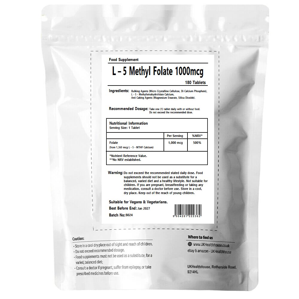 UKHealthHouse Methyl Folate 1000mcg - Tablets as L-5-MTHF Supplement 5-methyltetrahydrofolate – Highly biologically Active Form of Folic Acid/Vitamin B9 - Vegan UK (180 tabs)