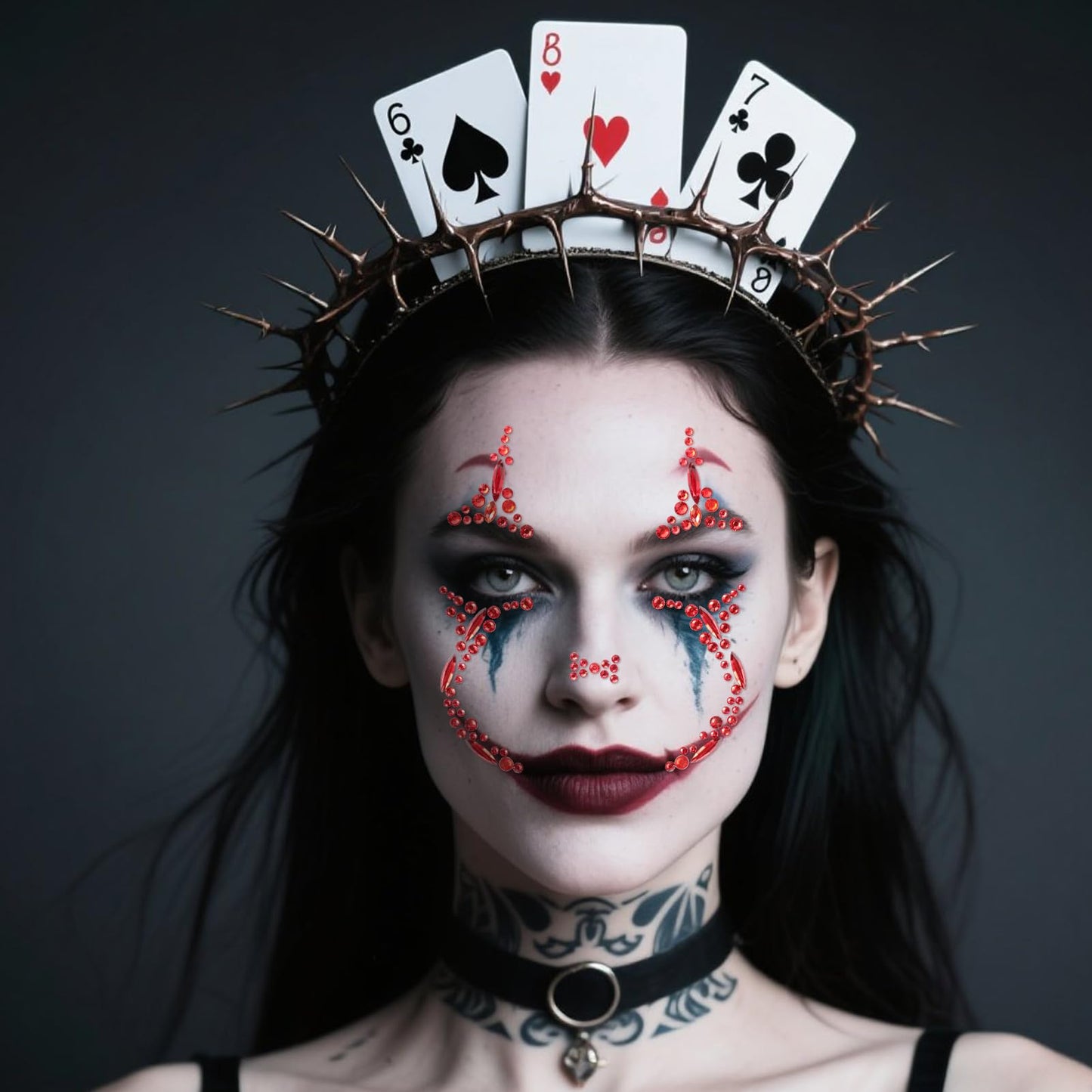 HOWAF 2 PCS Halloween Face Stickers Jewels, Clown Face Tattoos Rhinestone Temporary Tattoos for Clown Costume Halloween Costumes Men Women Kids, A