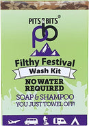 Pits and Bits Filthy Festival Wash Kit - no rinse shampoo 100ml / rinse free body wash 100ml and 9 pack compostable expanding wipes. The ultimate camping essential x 1Kit