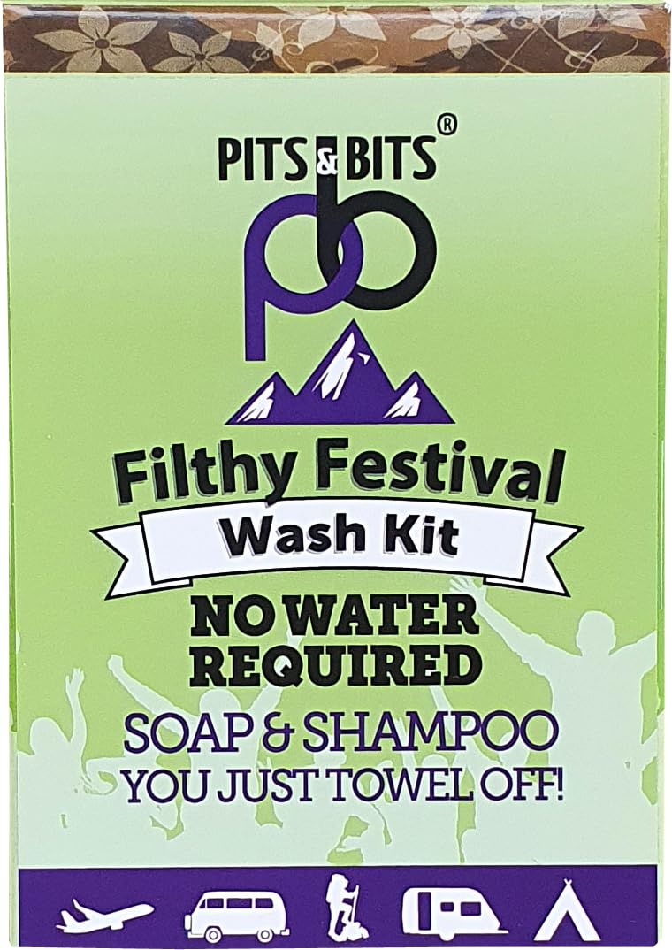 Pits and Bits Filthy Festival Wash Kit - no rinse shampoo 100ml / rinse free body wash 100ml and 9 pack compostable expanding wipes. The ultimate camping essential x 1Kit