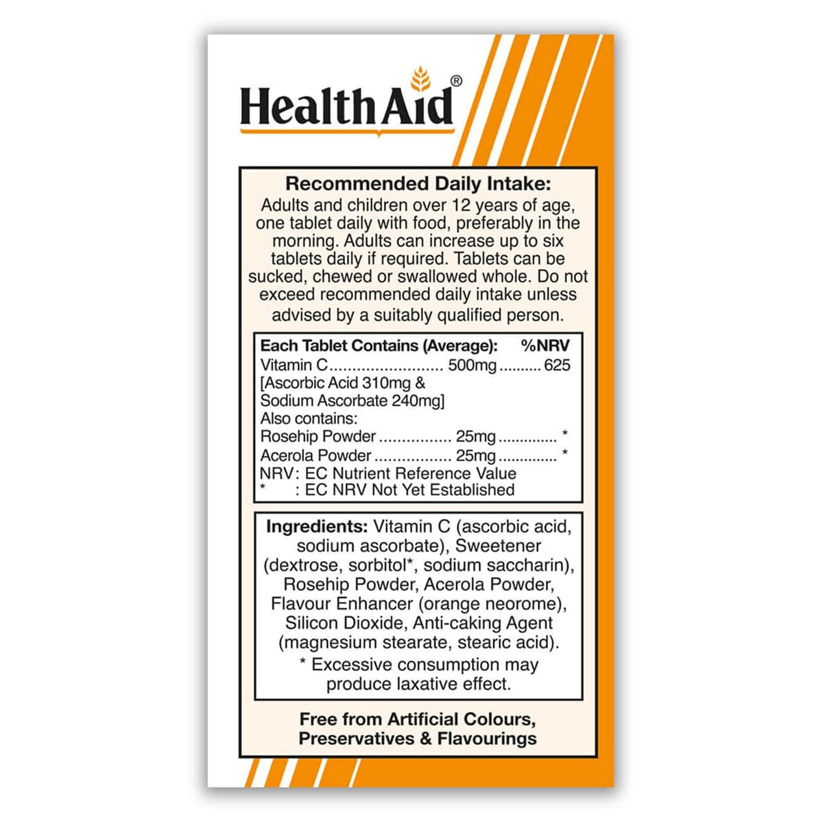 HealthAid Vitamin C 500mg - Chewable - 60 Vegetarian Tablets