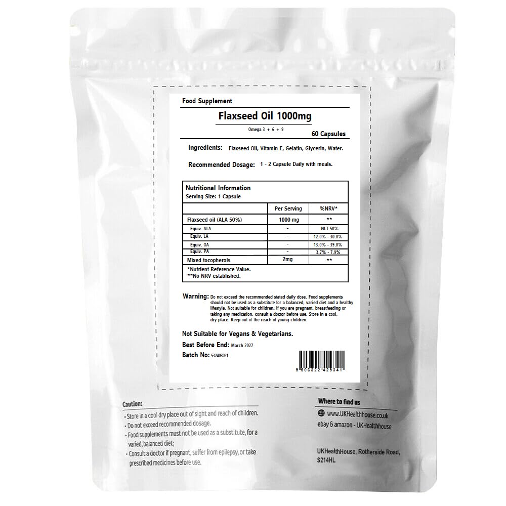 UKHealthHouse Premium - Flaxseed Oil Softgel 1000mg x 60 Capsules Strong Formula Omega (3+6+9) UK Health House Supplements