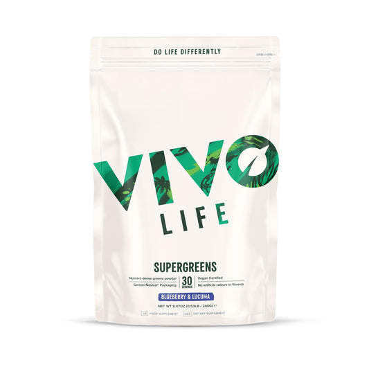 Vivo life - Supergreens, Vegan Superfood with Vitamins, Minerals, Live Cultures, Fruits & Greens, 30 Servings - 240g (Blueberry & Lucuma)