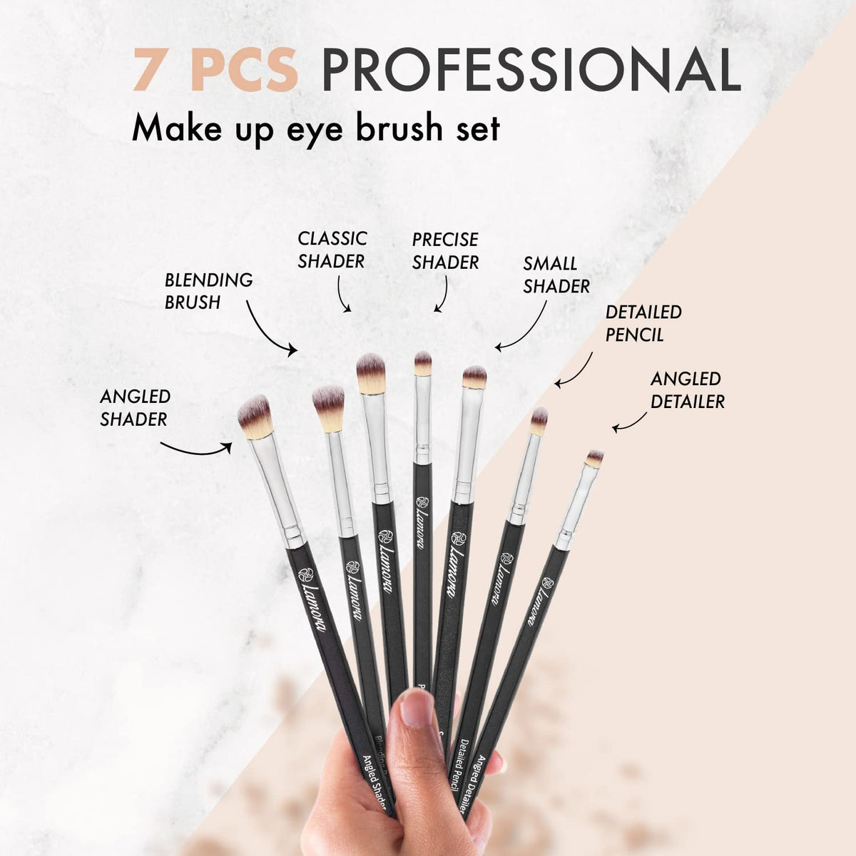 Lamora Make Up Eye Brush Set - Eyeshadow Eyeliner Blending Crease Kit - Best Choice 7 Piece Essentials - Pencil, Shader, Tapered, Definer - Vegan Synthetic Bristles That Last Longer, Apply Better Makeup & Make You Look Flawless