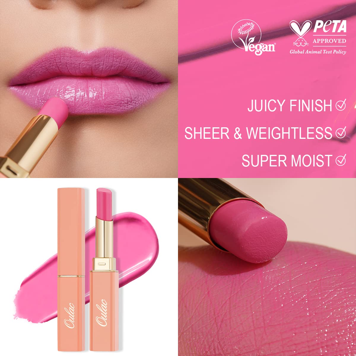 Oulac Moisture Shine Lipstick, Juicy Finish, Balm-like Texture,Moisturizing Lips,90% Essential Oils,Vegan, Cruelty-free & Gluten-free (07 First Love (Mauve pink))