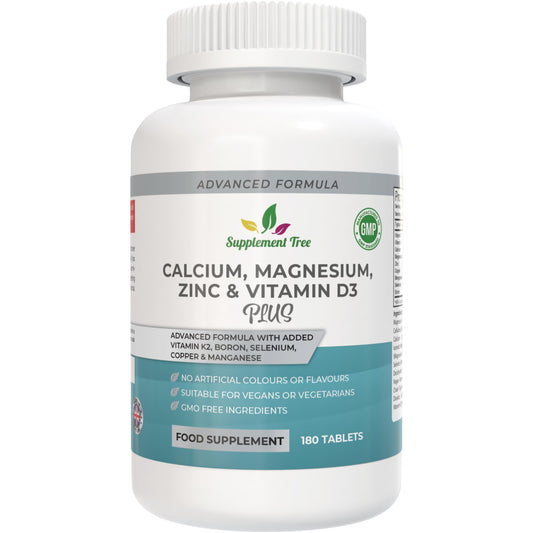 Supplement Tree Calcium Magnesium Zinc and Vitamin D Plus Vitamin K2 MK-7 Supplement - 180 Vegan Tablets - High Strength Calcium Tablets Complex with Vitamin K2 Copper Manganese Selenium & Boron - UK Made