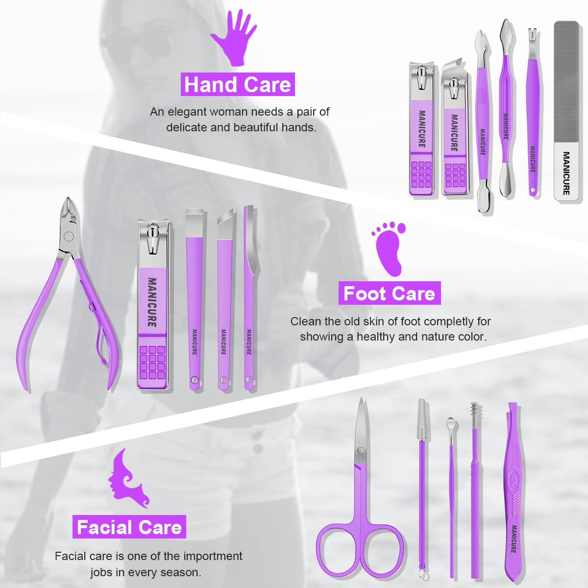 Leipple Manicure Set Professional Nail Clippers Pedicure Kit, 16 pcs Stainless Steel Nail Care Tools Grooming Kit with Luxurious Travel Leather Case for Thick Nails Men Women Gift (Violet)