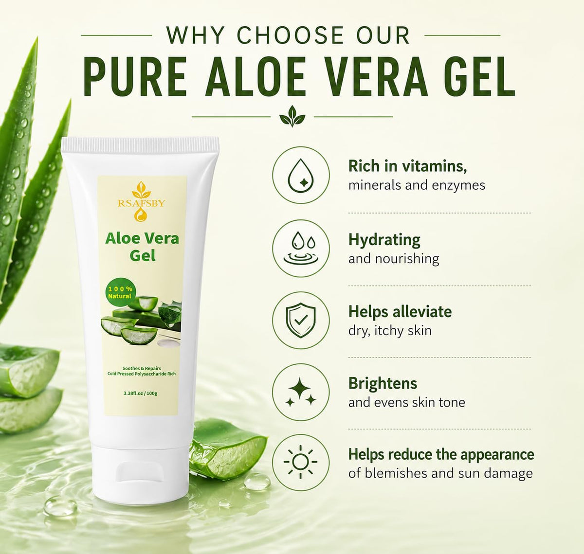 RSAFSBY 100% Natural Aloe Vera Gel for Face, Body & Hair - 100g Cold Pressed - Soothing, Hydrating & Repairing - Relieves Dry Skin, Sunburn, Blemishes & Itchy