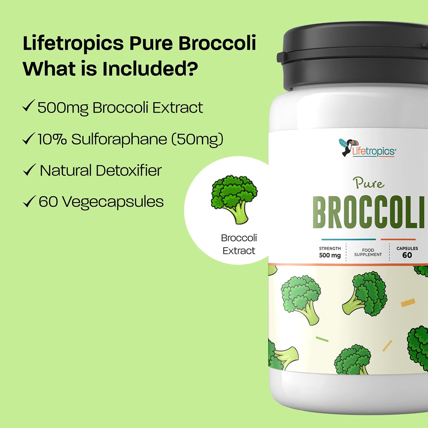 Lifetropics Pure Broccoli - 500mg Broccoli Extract (10% Sulforaphane) - Broccoli Supplement - 60 Vegetable Capsules