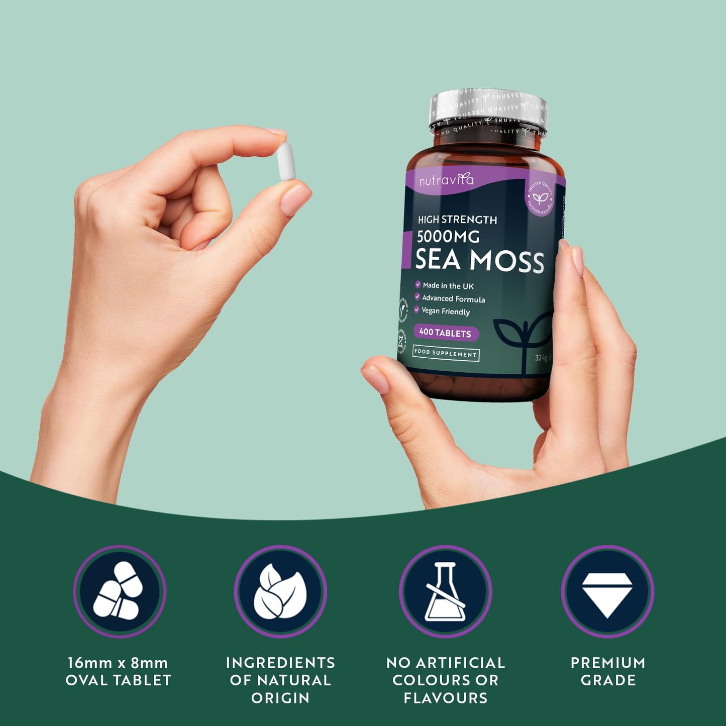 5000mg Sea Moss Tablets - 400 Irish Sea Moss Vegan Supplements for 6.5 Months of Supply, Contributes to Normal Energy-Yielding Metabolism, Skin & Cognitive Function (EFSA) Made in The UK by Nutravita