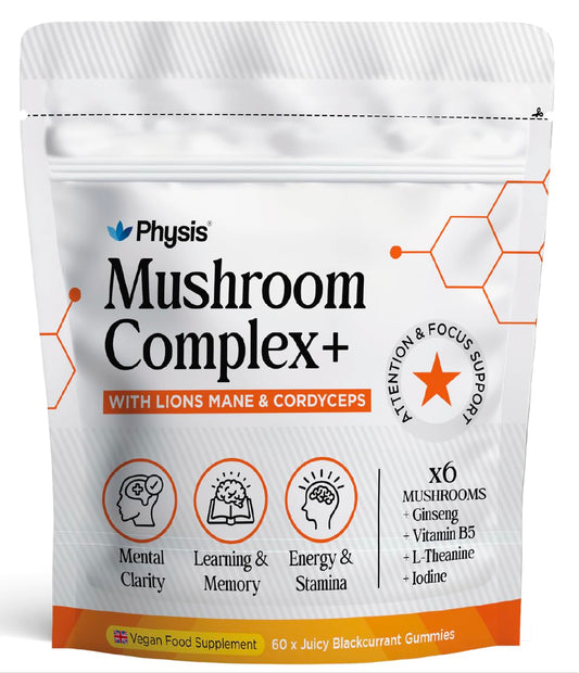 Physis Mushroom Gummies Complex+ | Lions Mane Supplement with Cordyceps & Nootropics | High Strength | 60 x Juicy Blackcurrant Chewables | 1 Month Supply | Neuro-Support | Focus & Attention