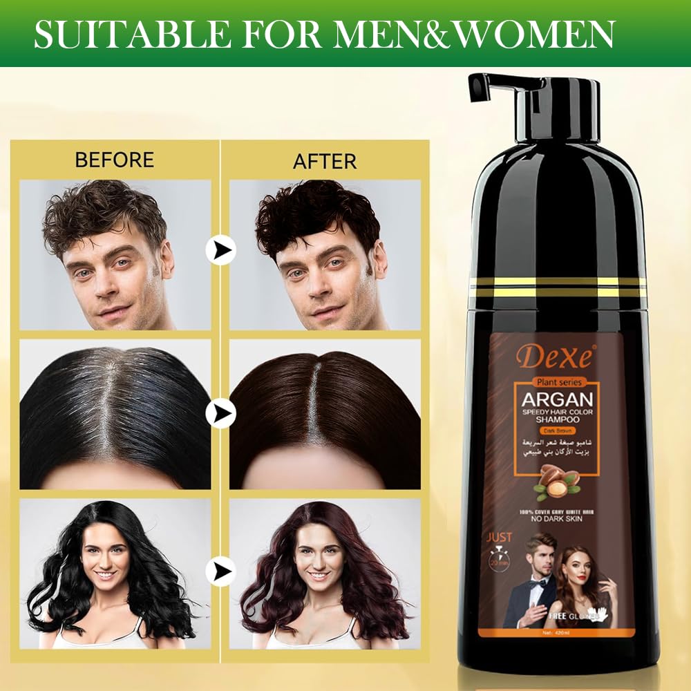 JRTTOSSE Instant Black Hair Shampoo 420ml - Semi-Permanent Black Hair Dye shampoo for Natural Hair, Lasts 30 Days, Fast Acting Formula for Men & Women (Dark Brown)