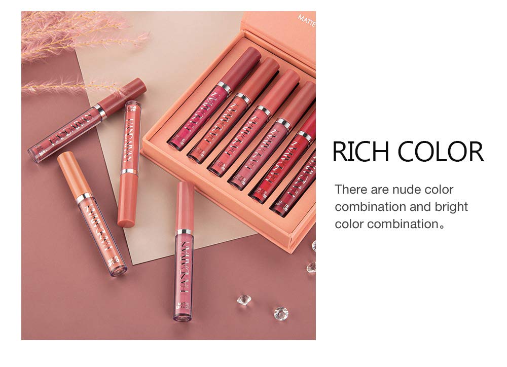 HQDA 6 Pcs Matte Liquid Lipstick Set Nude Lip Gloss Non-Stick Cup Not Fade Waterproof Long Lasting Lip Sticks Gift For Make Up Women (Set C)