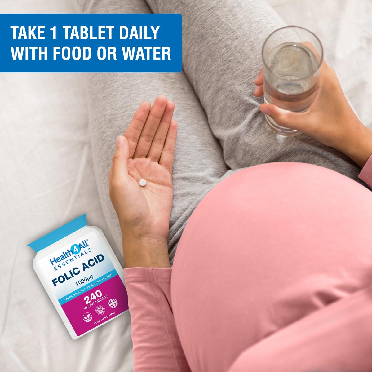 Health4All Folic Acid 1000mcg 240 Tablets (8-Month Supply) - Supports Healthy Prenatal Development - UK Made Vegan Folic Acid High Strength Vitamin B9 Tablets