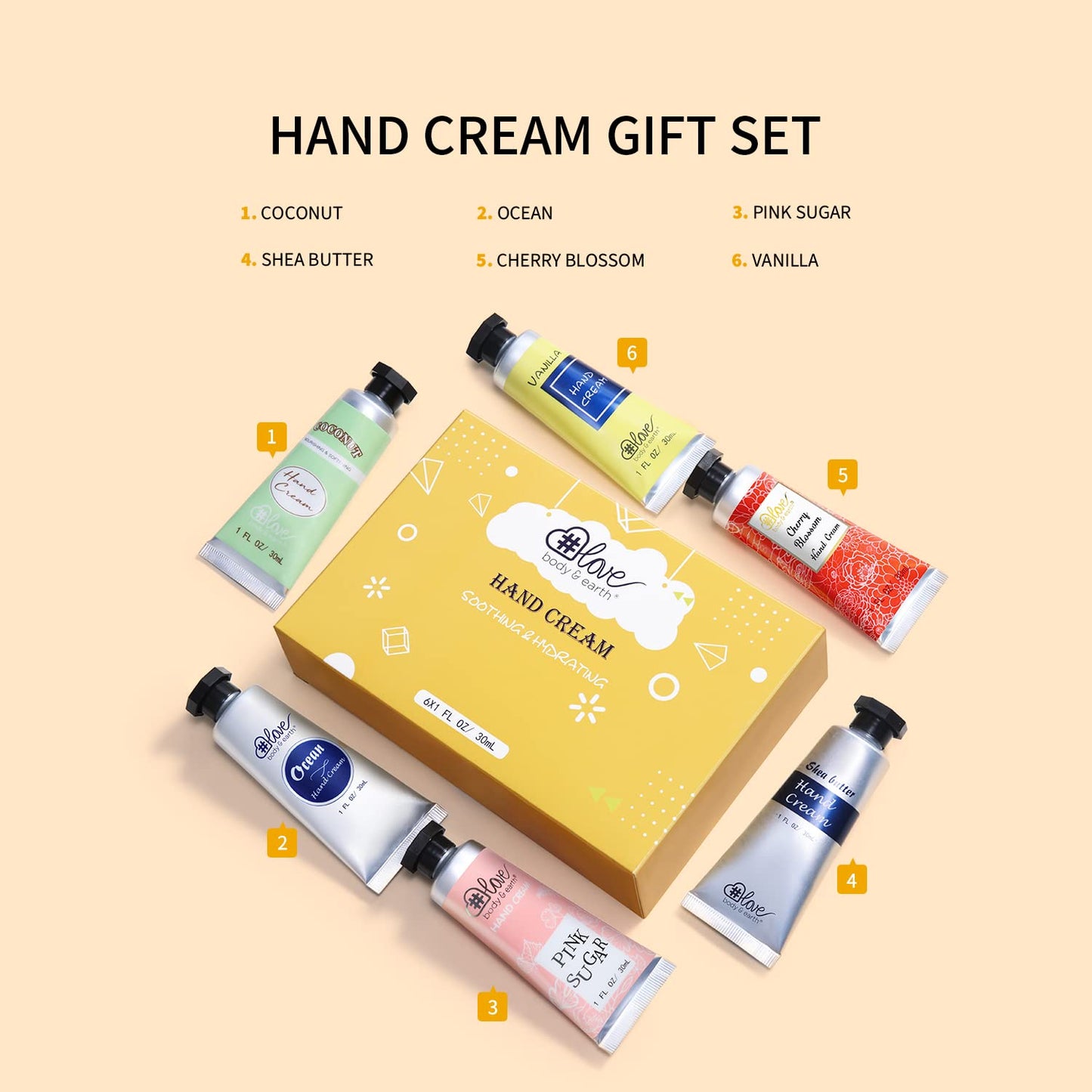 BODY & EARTH # LOVE Shea Butter Hand Cream Set- Body & Earth Love Pack of 6 Advanced Repair Hand Cream for Dry Hands, Non-greasy 6 Plant Fragrances, Birthday Gifts for Women, Valentine's Mothers Day Gifts Christmas