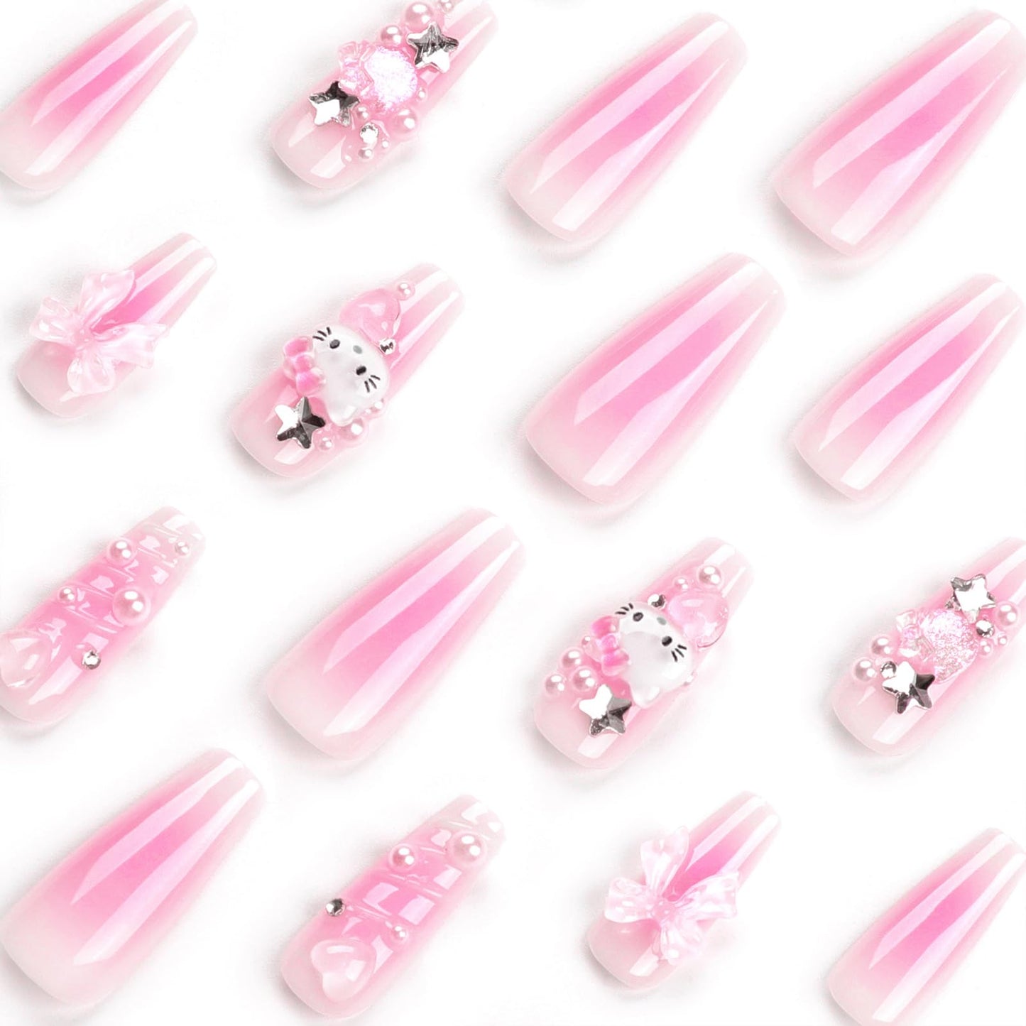 AVZXXKUF 24PCS French Pink Kitty Press on Nails,Cute Kawaii 3D False Nails,Cartoon Y2K Long Length with Pearl and Bow Design,Trapezoid Coffin Fake Nails,Glossy and Full Cover Acrylic Nails for Women