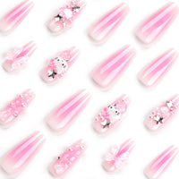 AVZXXKUF 24PCS French Pink Kitty Press on Nails,Cute Kawaii 3D False Nails,Cartoon Y2K Long Length with Pearl and Bow Design,Trapezoid Coffin Fake Nails,Glossy and Full Cover Acrylic Nails for Women