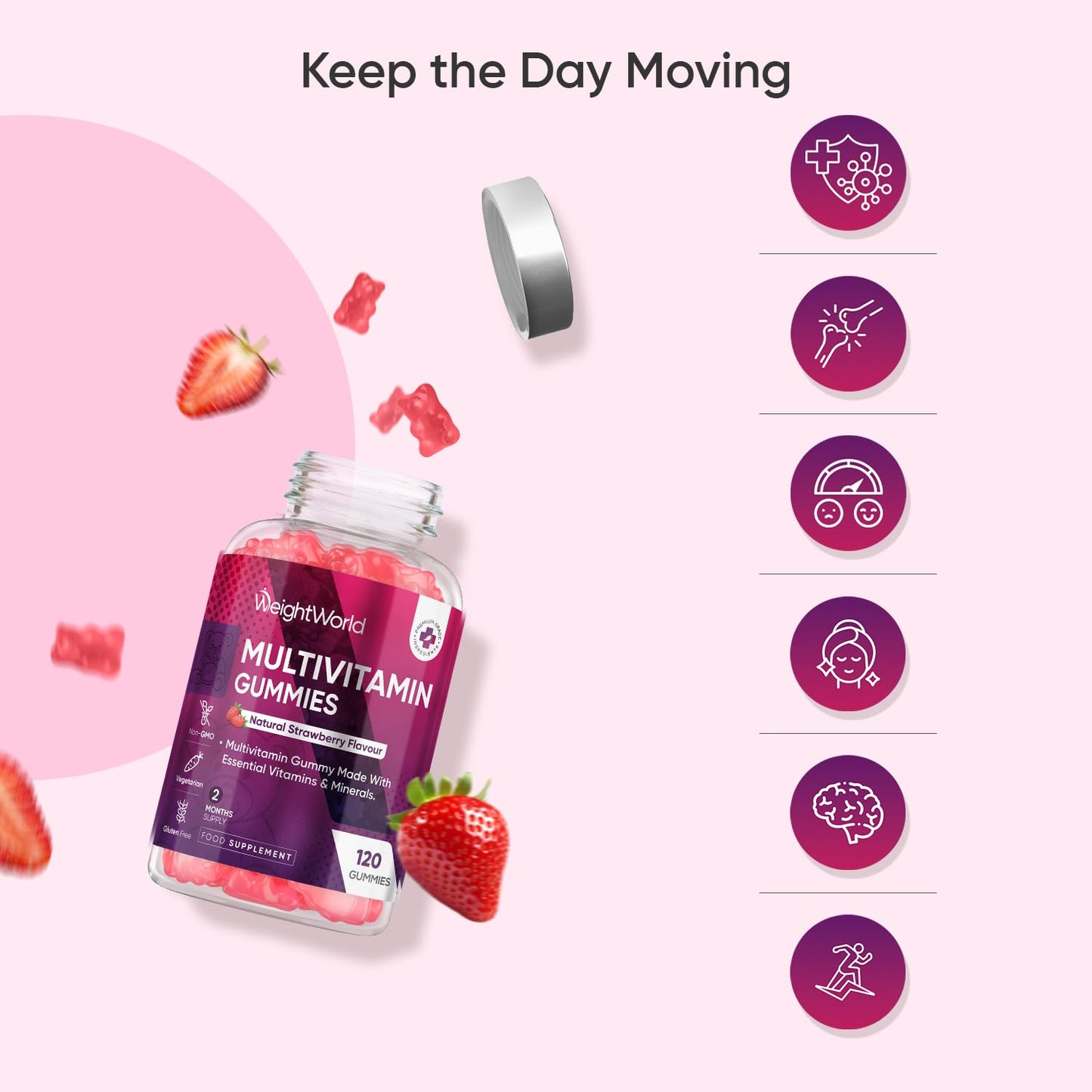 WeightWorld Multivitamin Gummies for Women & Men - 13 Ingredients - 120 Gummies - 2 Months Supply - Natural Strawberry Flavour - Vitamins & Minerals Like VIT C, D3, B6, B7, B12 & Zinc - Vitamin Gummy for Adults