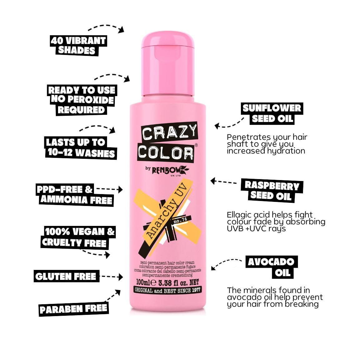 Crazy Color Vibrant Anarchy UV Semi-Permanent Hair Dye. Highly Pigmented Orange UV Conditioning & Oil Nourishing Vegan Formula | No Bleach or Ammonia | 100ml