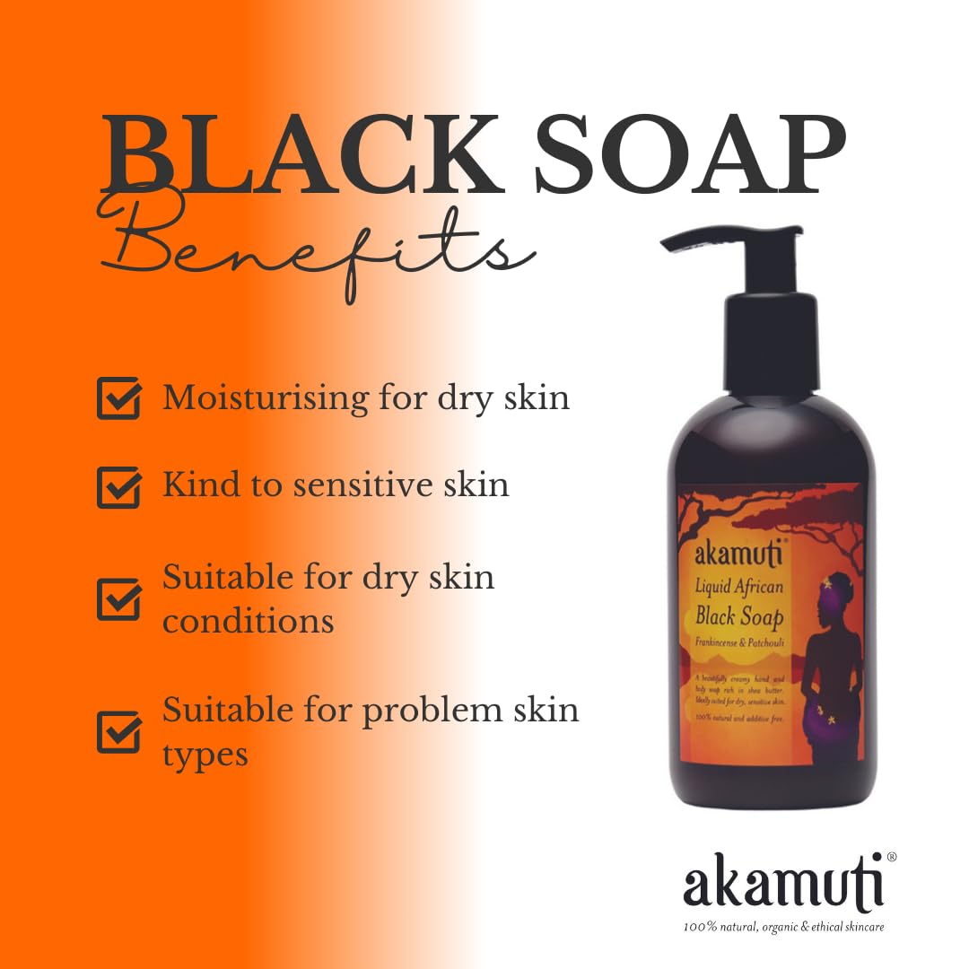Akamuti Liquid African Black Soap 250ml with frankincense and patchouli