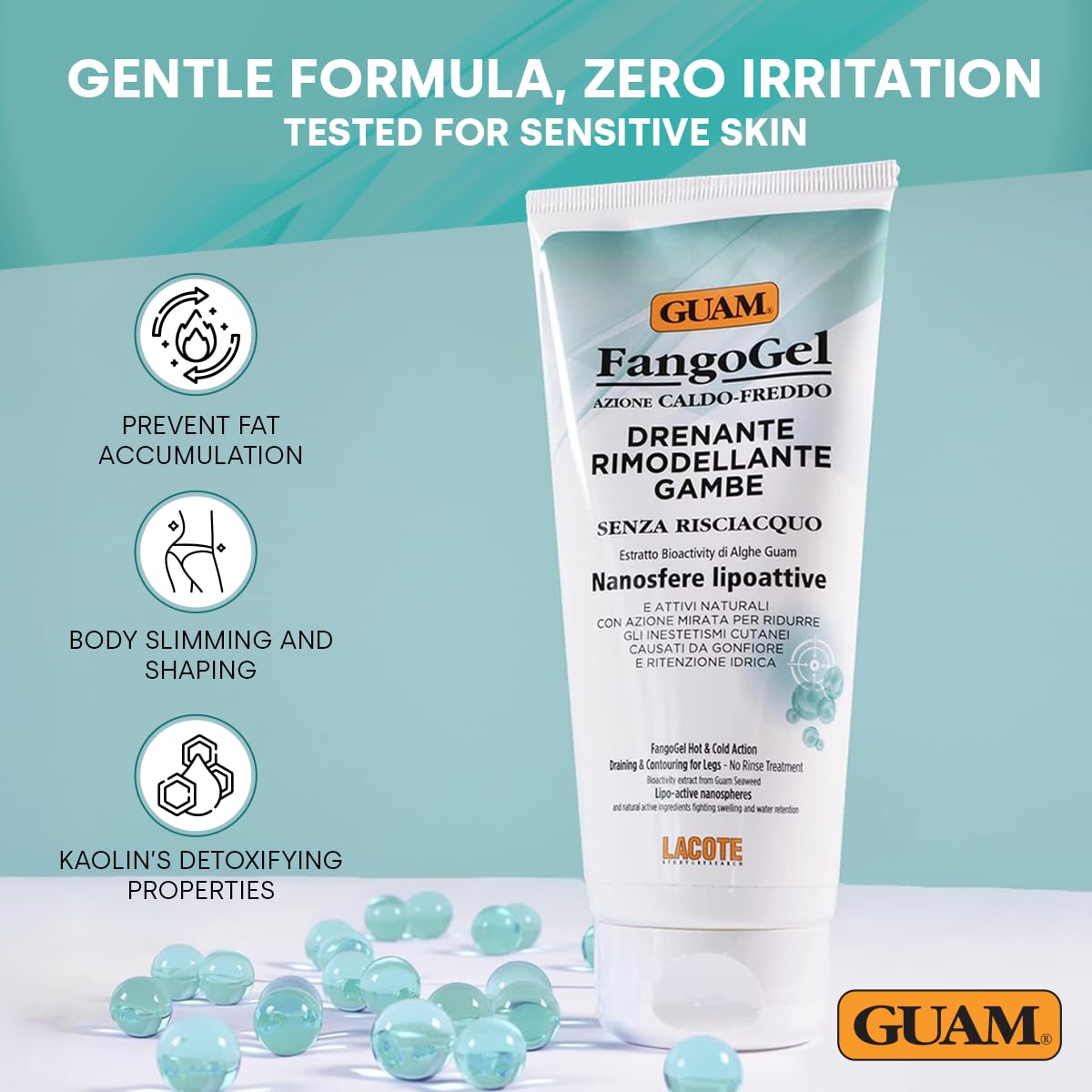 Guam GUAM FangoGel Anti Cellulite Cream for Legs with Hot-Cold Action - 200ml No-Rinse Lipo Active Mud Gel for Skin Firming, Slimming Care, Water Retention and Smoother-Looking Sculpted Legs