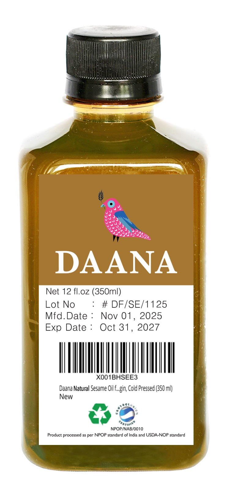 DAANA Daana Organic Sesame Oil for Skin: Extra Virgin, Cold Pressed (350 ml)