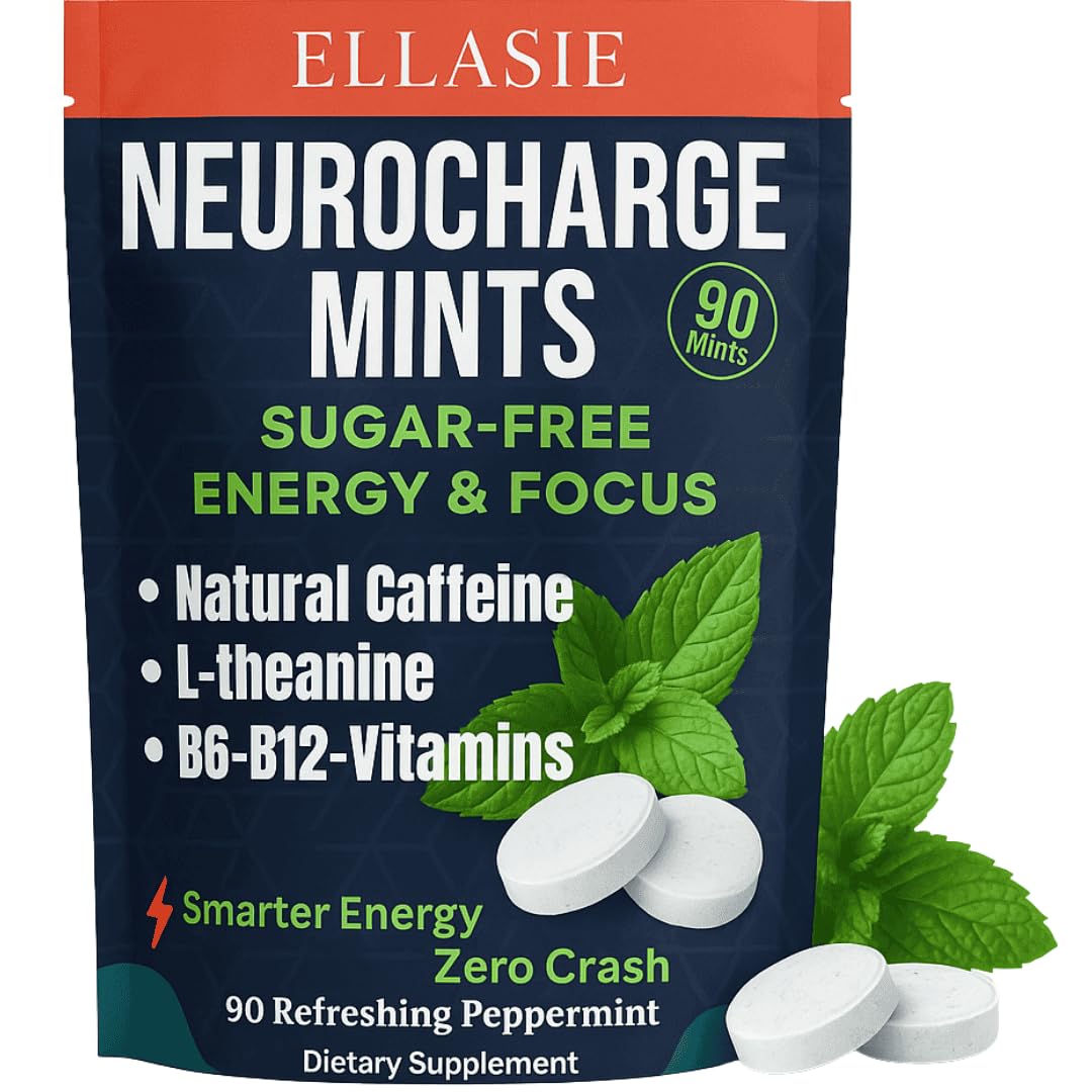 ELLASIE NeuroCharge Energy & Focus Gum (Peppermint, 90 Pieces) | 80mg Natural Caffeine + L-Theanine + Vitamin B12 & B6 | Sugar Free Nootropic Cognitive Brain Performance Supplement