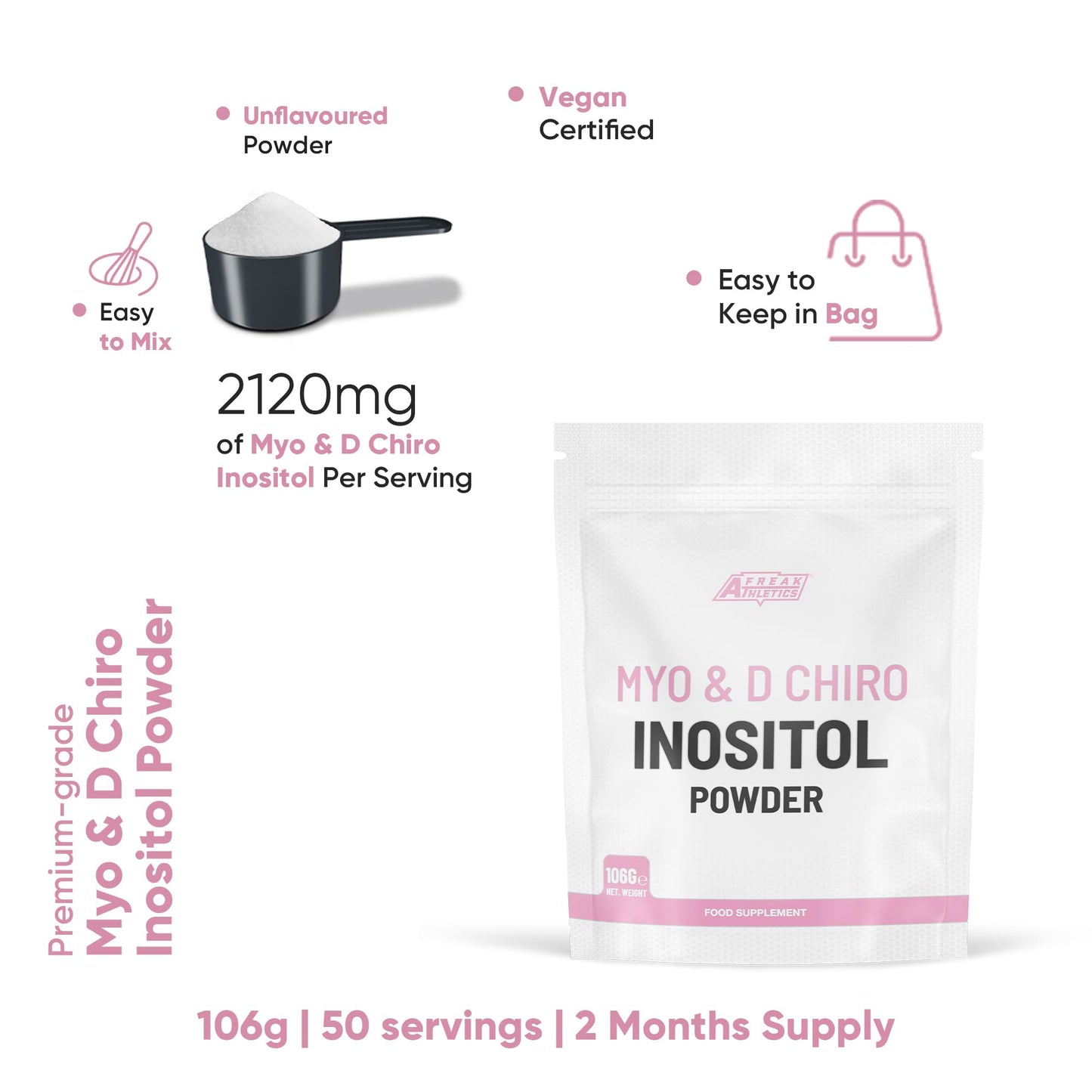 Freak Athletics Myo & D Chiro Inositol Powder 106g - Supports Women with PCOS - Promotes Hormonal Balance & Normal Ovarian Function - 2100mg Myo Inositol Powder Per Serving - 50 Servings