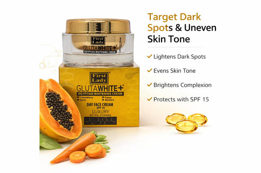 FIRST LADY GLUTAWHITE First Lady Glutawhite Gold Brightening Day Cream SPF15 100ml – With L-Glutathione, Papaya, Vitamin E & Goat Milk – Hydrating Face Moisturiser for Even-Looking Skin Tone