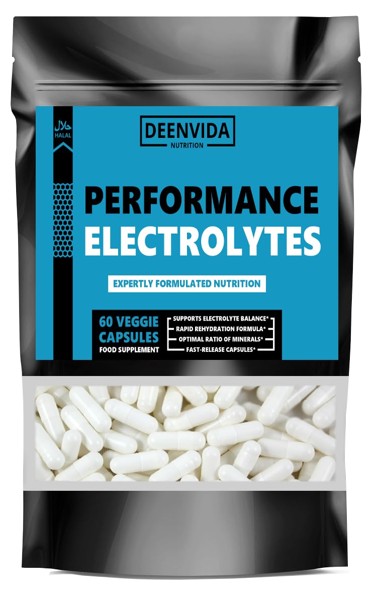 DEENVIDA NUTRITION Performance Electrolyte Supplement, 60 High Strength Capsules with Magnesium, Potassium, Calcium & Sodium, Muscle Function and Electrolyte Balance, Halal & Suitable for Vegetarians, DeenVida Nutrition