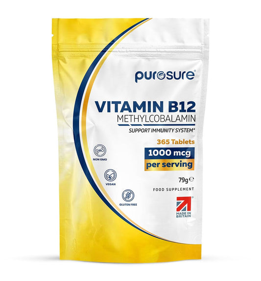 PuroSure Purosure Vitamin B12 1000µg | 365 High Strength Easy to Swallow Tablets | Methylcobalamin Vegetarian and Vegan Tablets | Tiredness and Fatigue Tablets | | Manufactured in The UK | (365 Tablets)