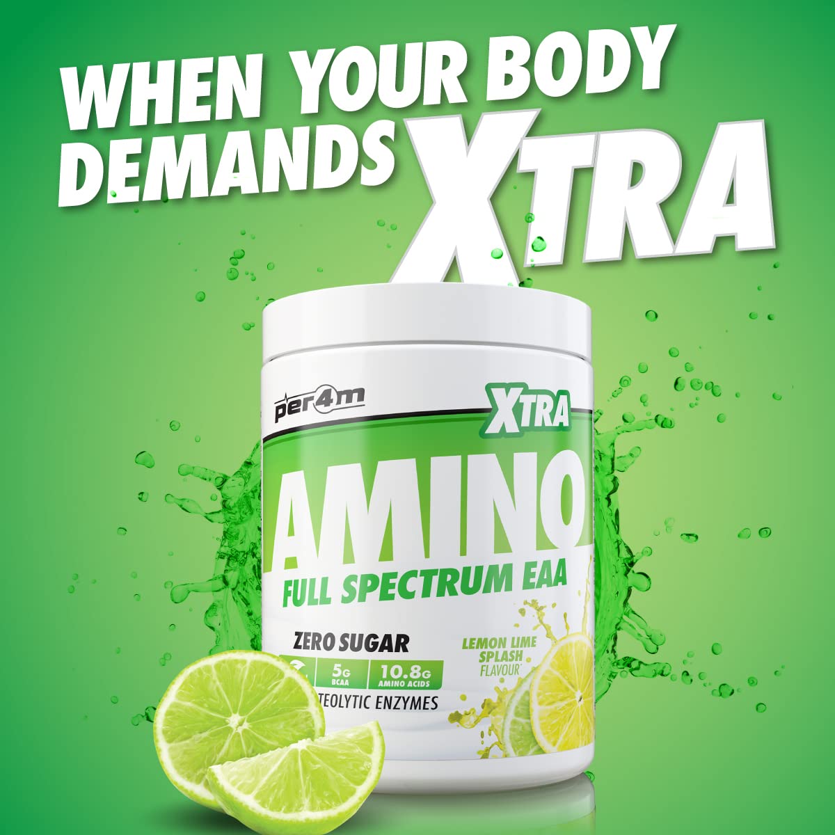 per4m Per4m EAA Xtra/Amino Xtra | 30 Servings of Full Spectrum EAA with Proteolytic Enzymes | Vegan Friendly | Zero Sugar Amino Acid (Lemon Lime Splash, 420g)