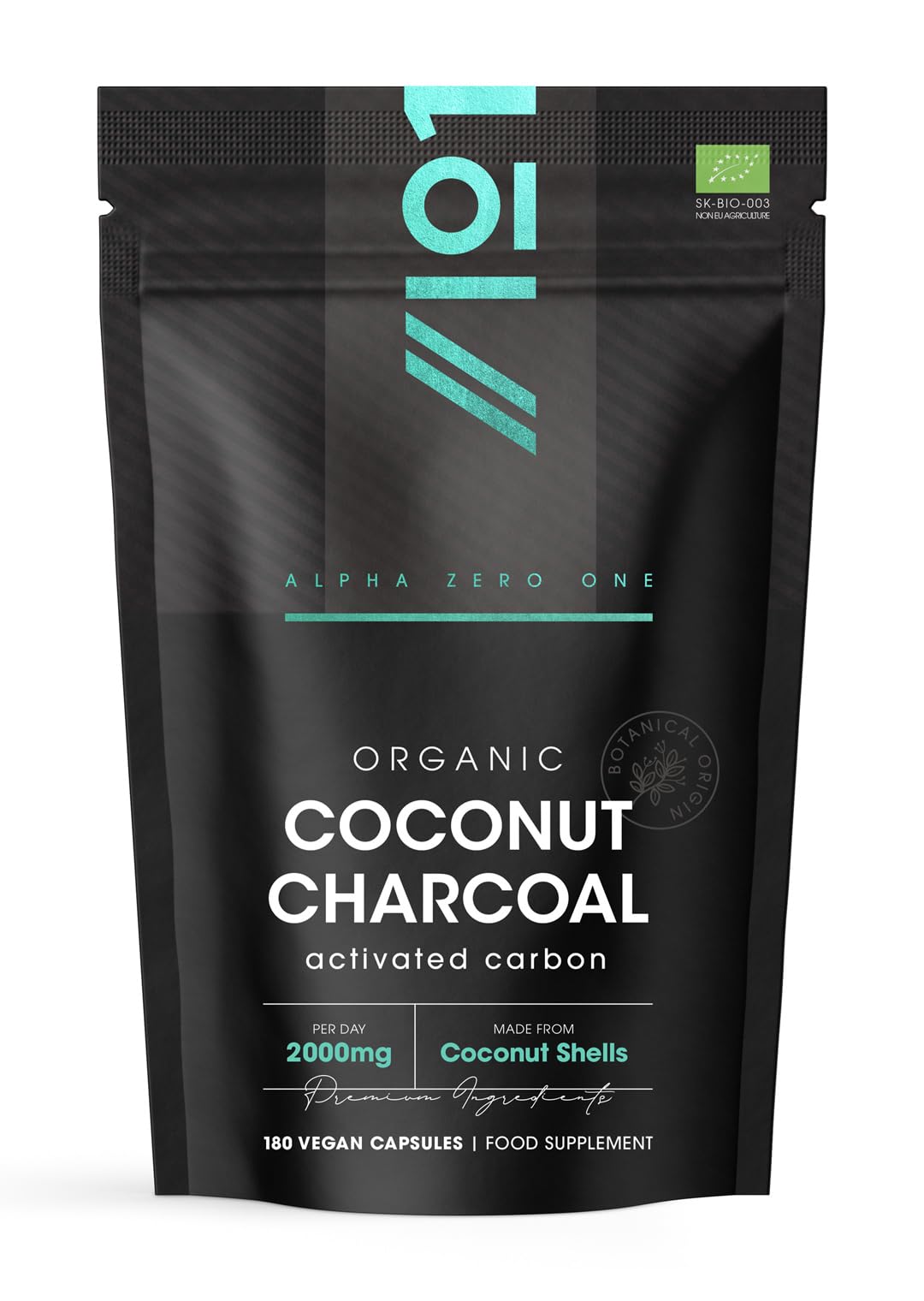ALPHA01 Organic Activated Coconut Charcoal 2000mg – 180 Vegan Capsules – Bloating & Gas, Digestion & Flatulence Natural Relief – Resealable and Recyclable Pouch by Alpha01