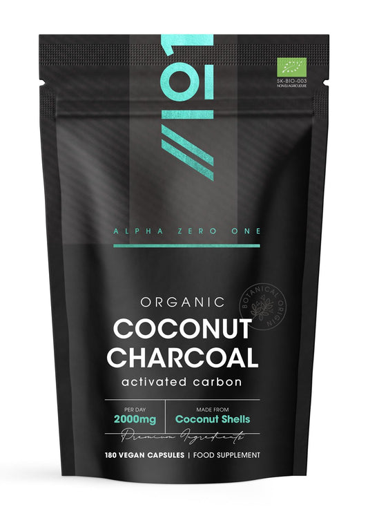 ALPHA01 Organic Activated Coconut Charcoal 2000mg – 180 Vegan Capsules – Bloating & Gas, Digestion & Flatulence Natural Relief – Resealable and Recyclable Pouch by Alpha01