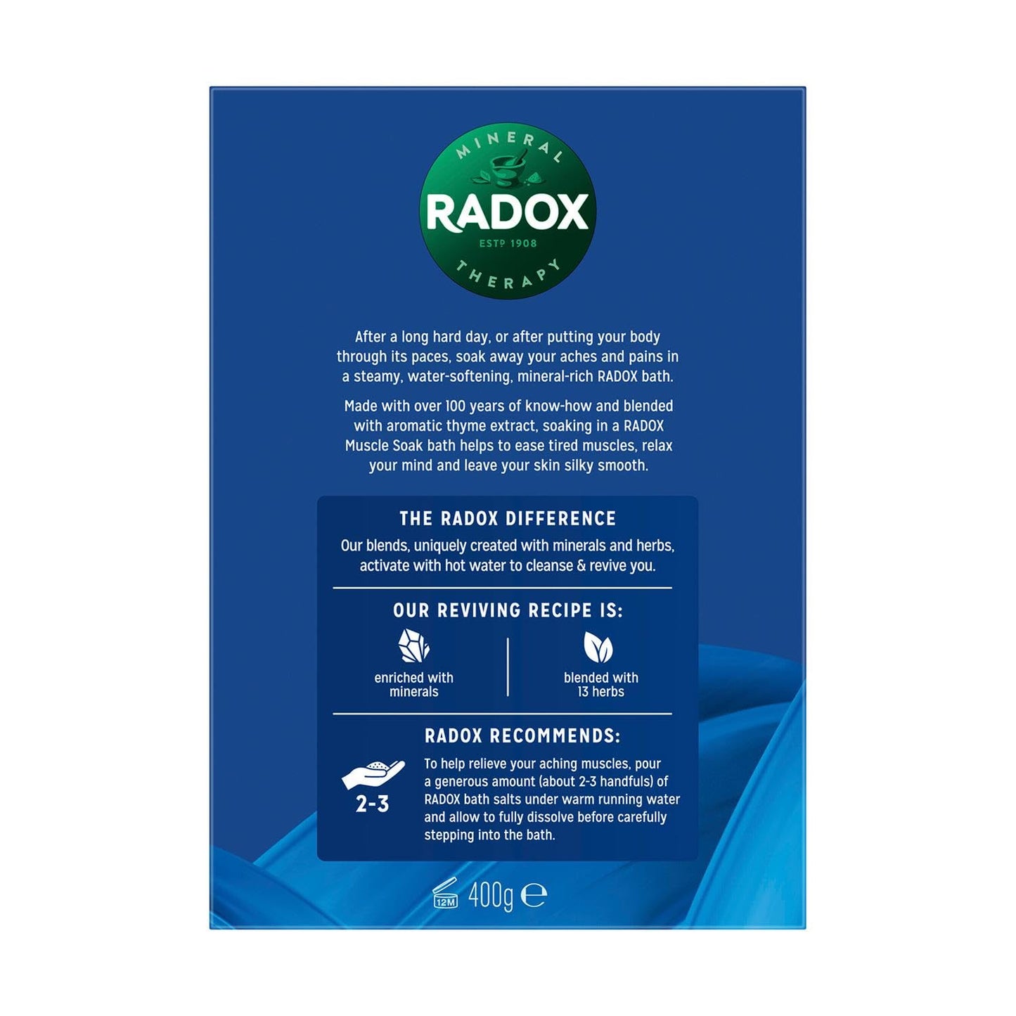 Radox Muscle Soak Bath Therapy Thyme Scented Herbal Bath Salt with expertly Blended Herbs and Minerals to Soothe and soak Your Tired and Aching Muscles, 400g Multi Buy 4 Pack