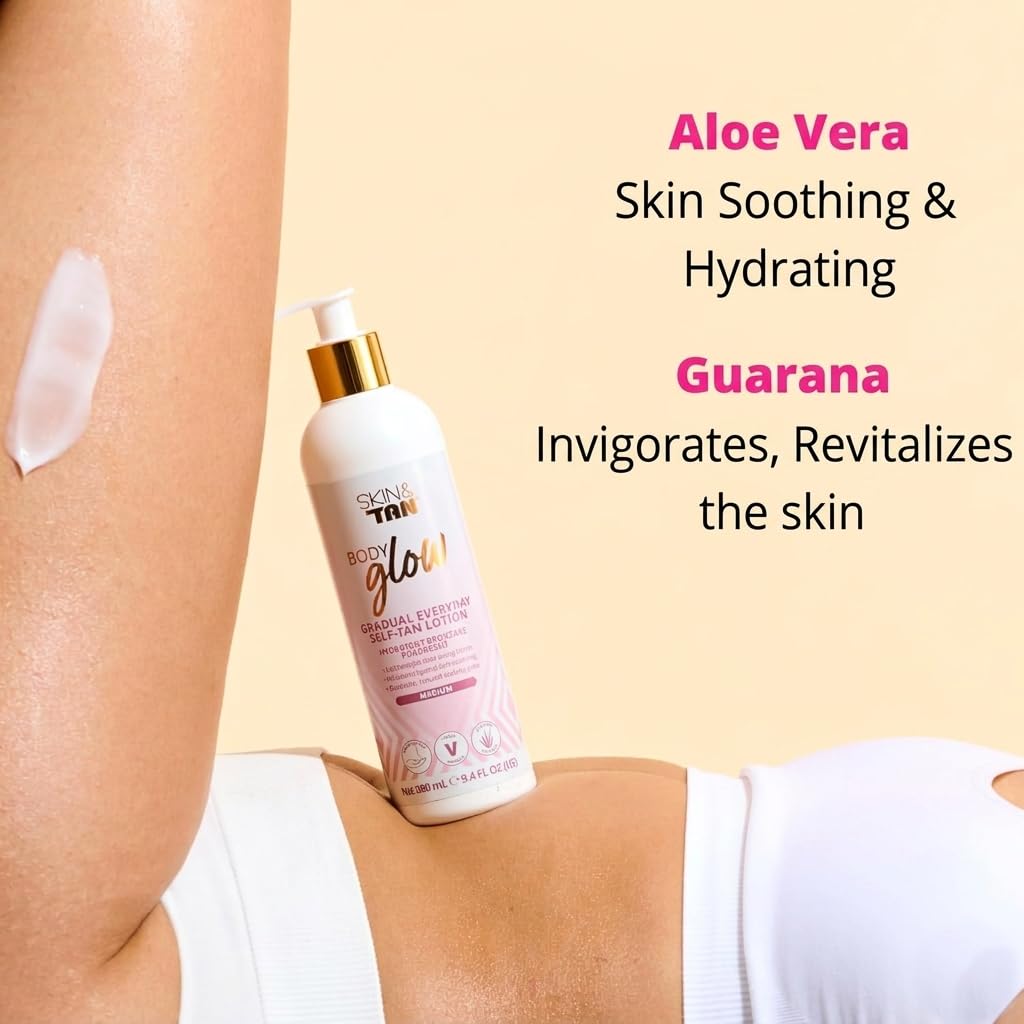 Skinny Tan Skin & Tan Body Glow Lotion - Medium Gradual Tanner for Natural Looking Sunless Tan, Streak-Free, Easy Application, Coconut Scented, Hydrating, Body Moisturiser 280ml