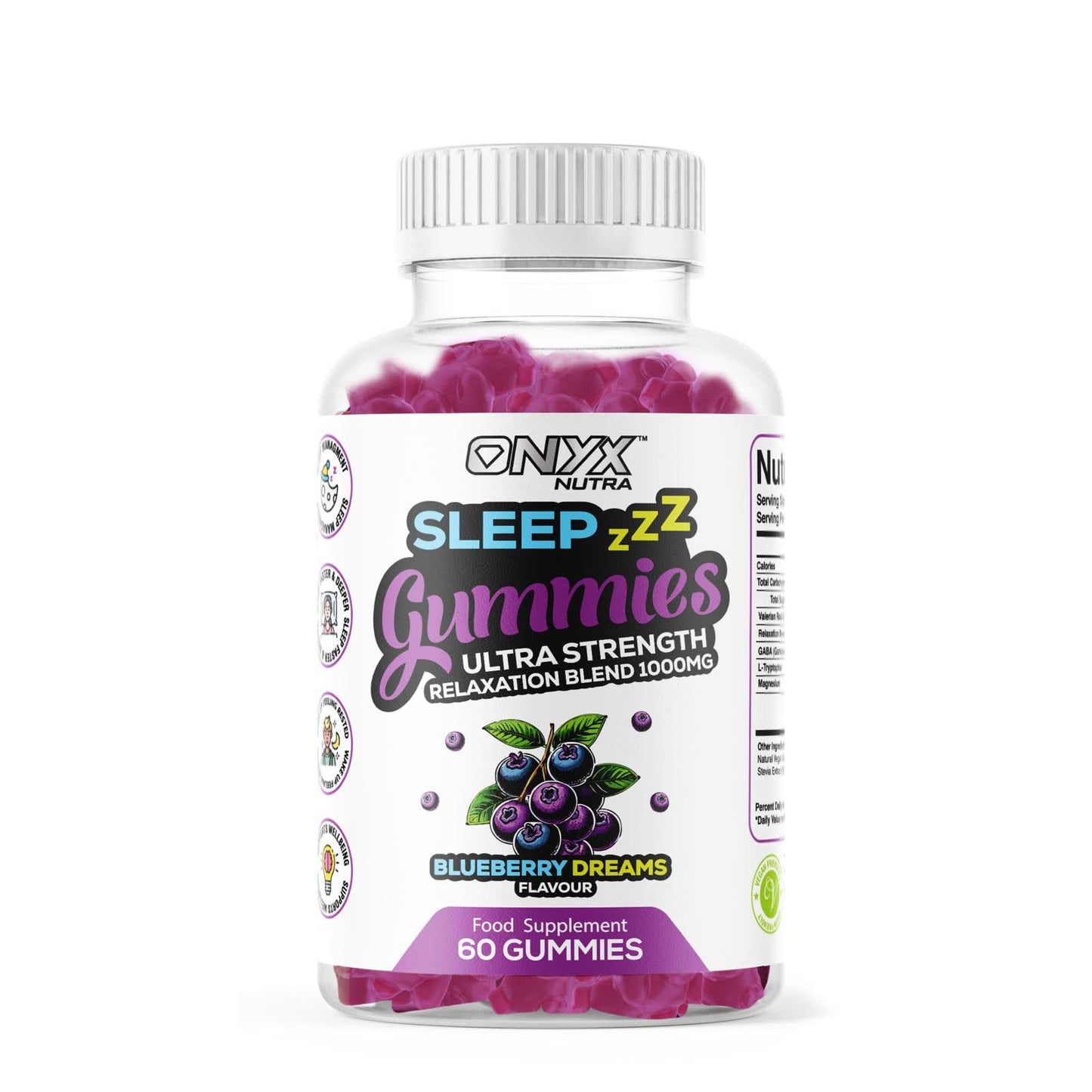 ONYX NUTRA Sleep Gummies with Magnesium | Blueberry Dreams Flavour | Night Bedtime Support | Vegan Chewable Gummys (1)
