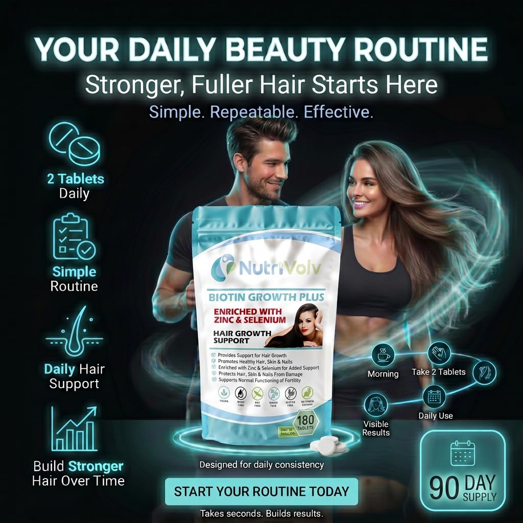 NutriVolv Biotin Hair Growth | Enhanced with Zinc & Selenium | 180 Tablets | 10,000mcg Biotin | Hair Vitamins Complex | Vegan | Hair Skin & Nails Vitamins for Men & Women | UK Made